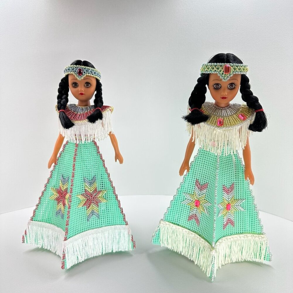 Vintage Indian Princess Doll 2Pc 14" Plastic Canvas Beaded Dress Native American